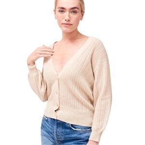 Jumper 1234 Oatmeal Cashmere V Neck Neutral Button Down Balloon Sleeve Sweater 1